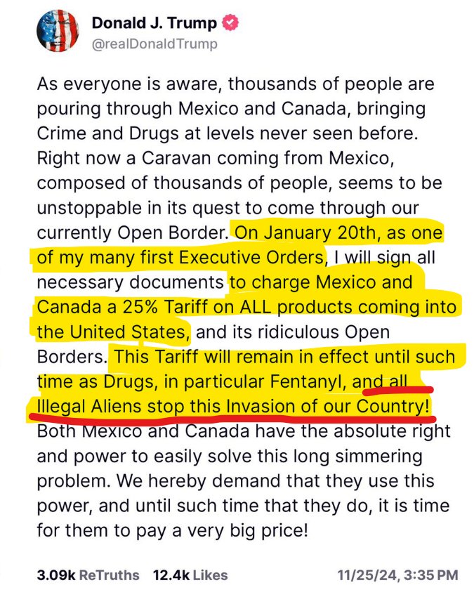 Bret_Sears's tweet image. Trump announces a 25% tariff on Canada until we stop the invasion of iIIegals and Fetanyl into America.

Maybe this will force us to stop them from coming into our country in the first place!