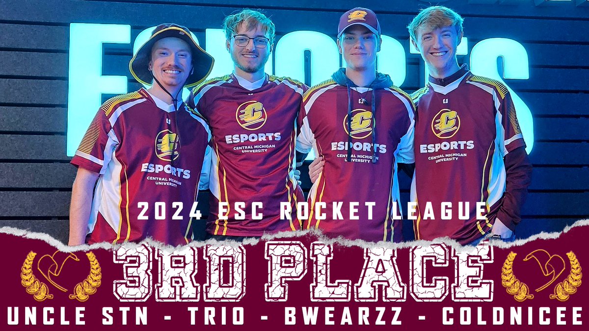 Congratulations to our CMU Rocket League team for reaching third place in the ESC Championship this past weekend! This is a major milestone for our Central Michigan University Esports Program. Congrats and fire up chips! 

#RocketLeague #cmich #FireUpChips #ESports #studentlife