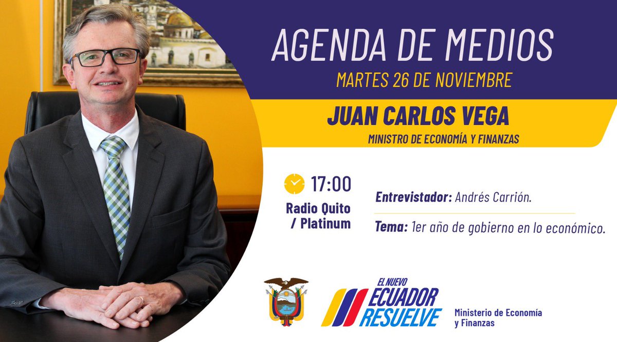 ⏹️ #EnMediosMEF | El primer año en lo económico será tratado por <a href="/JuanCVegaEC/">Juan Carlos Vega</a>, ministro de <a href="/FinanzasEc/">Economía Finanzas Ec</a>:

▶️ 25.11.2024
▶️ <a href="/radioplatinumec/">Radio Platinum</a>
▶️ 17:00

#UnAñoDeGestión #ElNuevoEcuadorNoSeDetiene