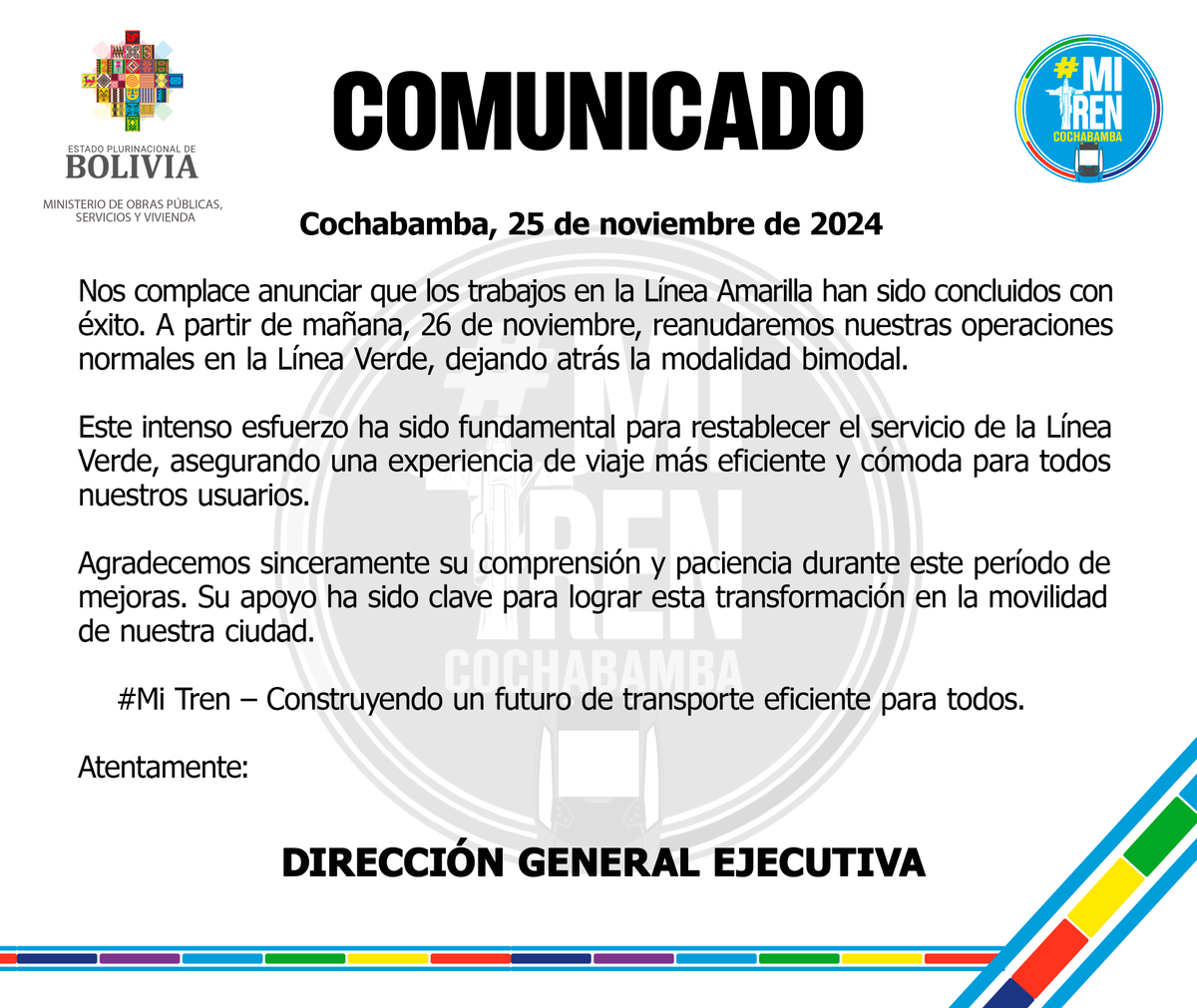 🚧 ¡Grandes noticias, Cochabamba! 🚆 Nos complace anunciar que los trabajos en la Línea Amarilla han sido concluidos con éxito. A partir de mañana, 26 de noviembre, reanudaremos nuestras operaciones normales en la Línea Verde,  #MiTren #LíneaVerde #Cochabamba #MovilidadSostenible