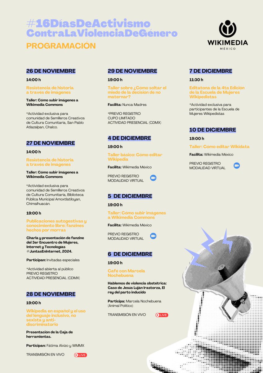 ¡Un recordatorio de nuestras actividades de los 16 Días de Activismo!

Te dejamos el programa completo para que vayas anotando en tu agenda las actividades que más te interesen. 
💜 📅 💚 #16DiasDeActivismo
#16Days #16DaysOfActivism2024