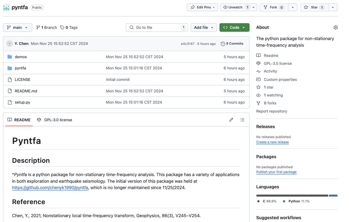 YChen09442460's tweet image. The refurbished time-frequency analysis software Pyntfa is available online at github.com/aaspip/pyntfa!  Feel free to play with the reproducible examples, let me know your feedback, and help us to improve!