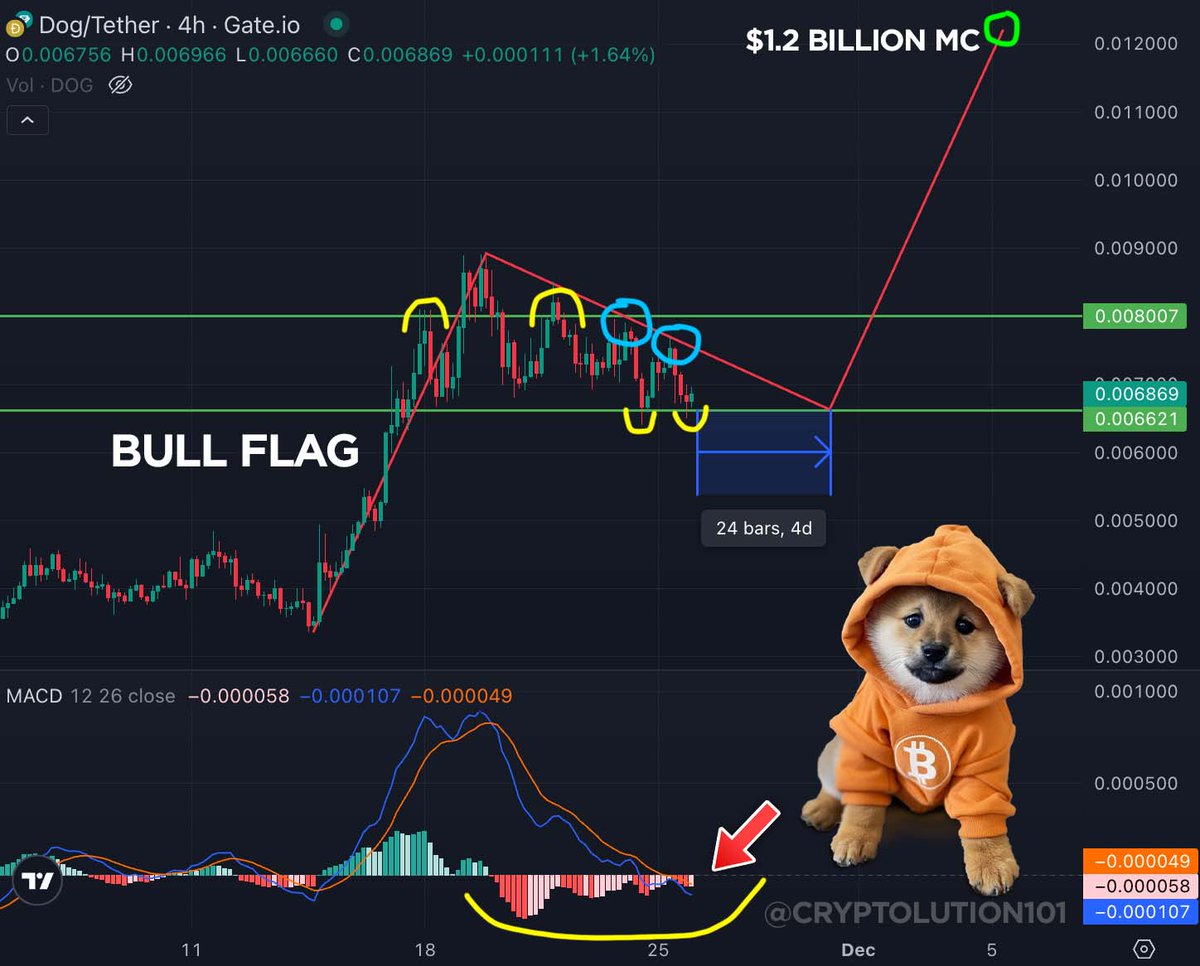 $DOG (Rune) Chart Update 📊

1⃣ Bull Flag Formation:
· A strong upward move (flagpole) is followed by a descending consolidation pattern, forming a bull flag.

· This is a bullish continuation pattern, with the breakout typically targeting the height of the flagpole (~$0.012).