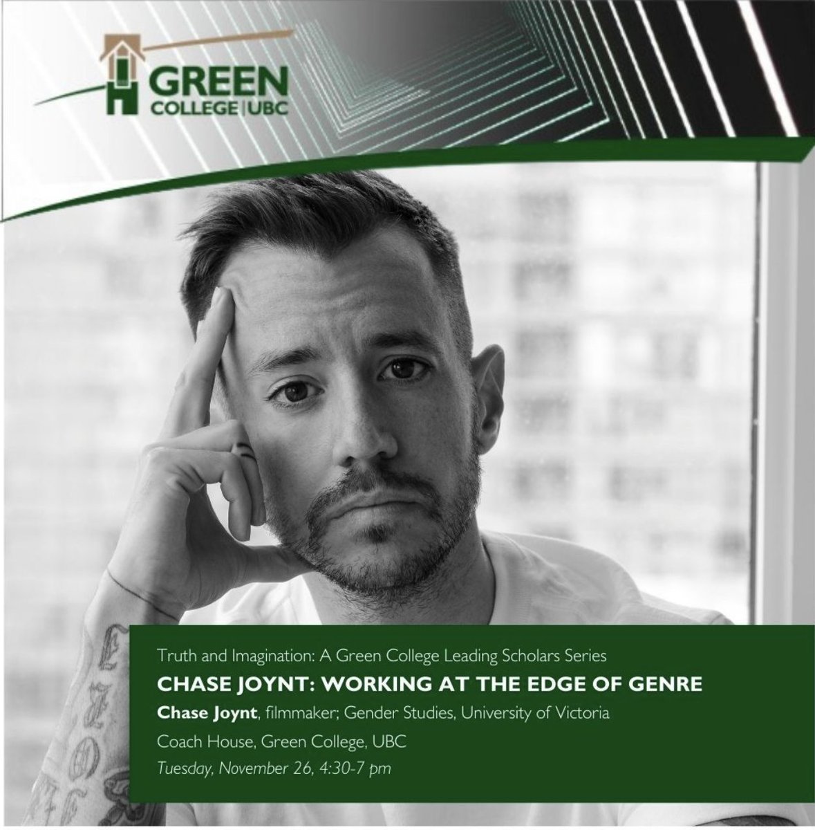 Join us for an evening with Chase Joynt in the inaugural event of Truth and Imagination: A Green College Leading Scholars Series with Chase Joynt and Alex Marzano-Lesnevich in conversation. November 26 from 4:30 pm to 7:00 pm. Register:  greencollege.ubc.ca/civicrm/event/…
@GreenCollegeUBC