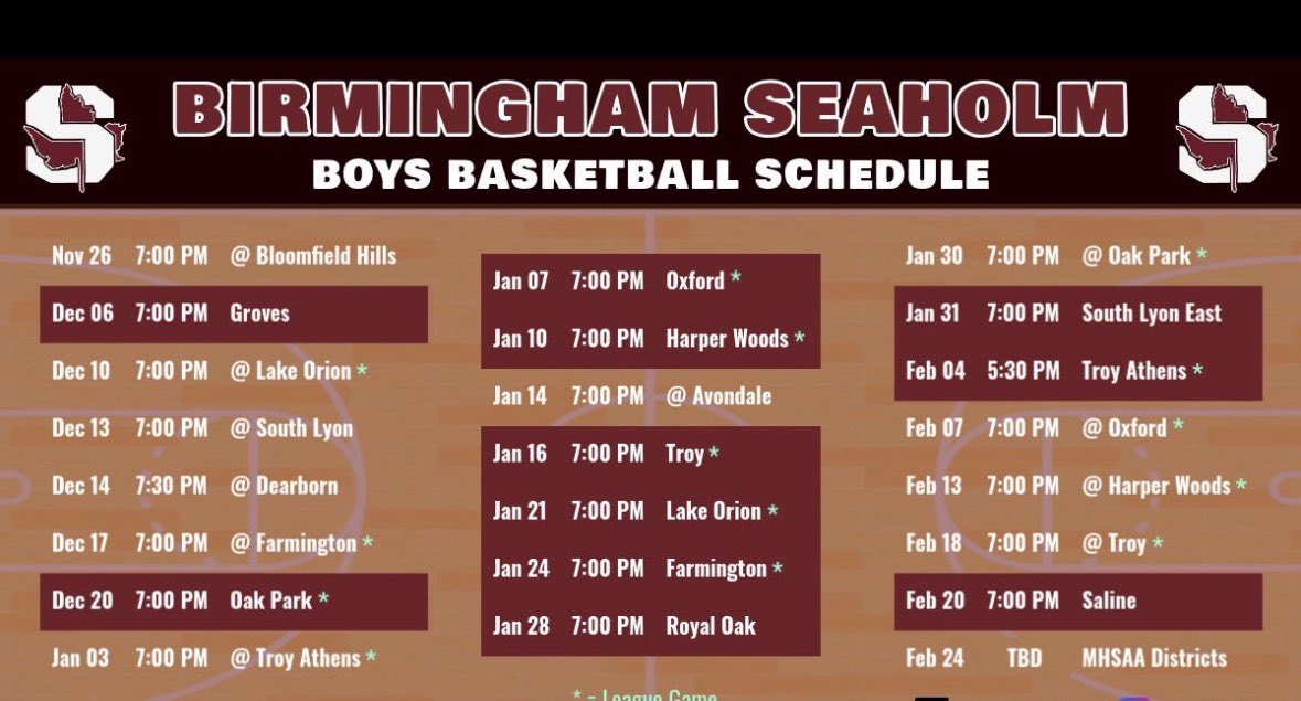 Bill Watson (@bill_watson19) on Twitter photo The 2024-2025 Seaholm boys basketball team lead by new head coach <a href="/SpenserAdams/">Coach Adams</a> open their season Tues night 11/26 at Bloomfield Hills 7pm. 🍁🏀
<a href="/MaplesHoops/">Seaholm Boys Basketball</a> <a href="/MIPrepZone/">MIPrepZone</a> <a href="/folsombrandonj/">Brandon Folsom</a> <a href="/TheD_Zone/">The D Zone</a> <a href="/candgnews/">C & G Newspapers</a> <a href="/OAAathletics/">OAA Athletics</a> <a href="/OAAscouts/">Jake</a> <a href="/ArrickSports/">Tim Moth Arrick 🦫🦉🦝🏴☠️🏳️⚧️🏳️🌈</a> <a href="/InsideTheOAA/">Inside The OAA</a> The 2024-2025 Seaholm boys basketball team lead by new head coach <a href="/SpenserAdams/">Coach Adams</a> open their season Tues night 11/26 at Bloomfield Hills 7pm. 🍁🏀
<a href="/MaplesHoops/">Seaholm Boys Basketball</a> <a href="/MIPrepZone/">MIPrepZone</a> <a href="/folsombrandonj/">Brandon Folsom</a> <a href="/TheD_Zone/">The D Zone</a> <a href="/candgnews/">C & G Newspapers</a> <a href="/OAAathletics/">OAA Athletics</a> <a href="/OAAscouts/">Jake</a> <a href="/ArrickSports/">Tim Moth Arrick 🦫🦉🦝🏴☠️🏳️⚧️🏳️🌈</a> <a href="/InsideTheOAA/">Inside The OAA</a>
