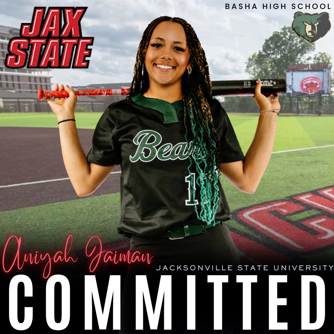 🚨COMMITTMENT ALERT🚨 

Congratulations to Aniyah Jaiman on her commitment to Jacksonville State University. We are beyond proud! 
Show her some love Bear Nation! 🐻 ➡️ 🐔 

#StayCocky🐔 | #FearTheBeak👌 | #jaxstatesoftball |#bashabearssoftball