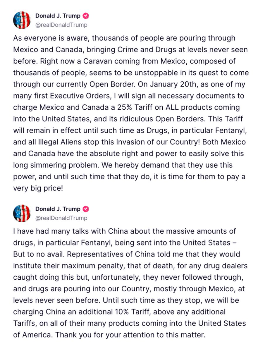 Riecco i dazi di Trump.
Questa volta “contro il fentanyl”. Donald Trump annuncia tasse doganali del 25 % su tutti i prodotti dal Messico (e Canada) e un dazio aggiuntivo del 10 % contro la Cina sin dal primo giorno del suo insediamento. #tariff  
<a href="/RSIInfo_/">RSI Info</a>