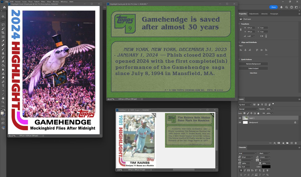 BengalsCustoms's tweet photo. First preview of card set I'll be giving away at Phish MSG at the end of the year. Based on 1982 Topps Highlights subset.

The giveaway will be 4 cards as always, with 4 highlight moments from 2024.

On-site random giveaway only, never for sale. https://t.co/Op8fp5PwEF
