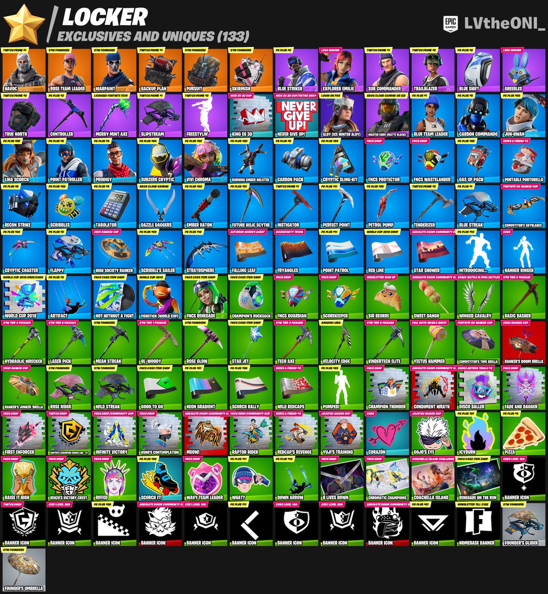 LVtheONI's tweet photo. My locker updated to current… 
526 skins
133 exclusives and uniques https://t.co/TbTM7xxbgE