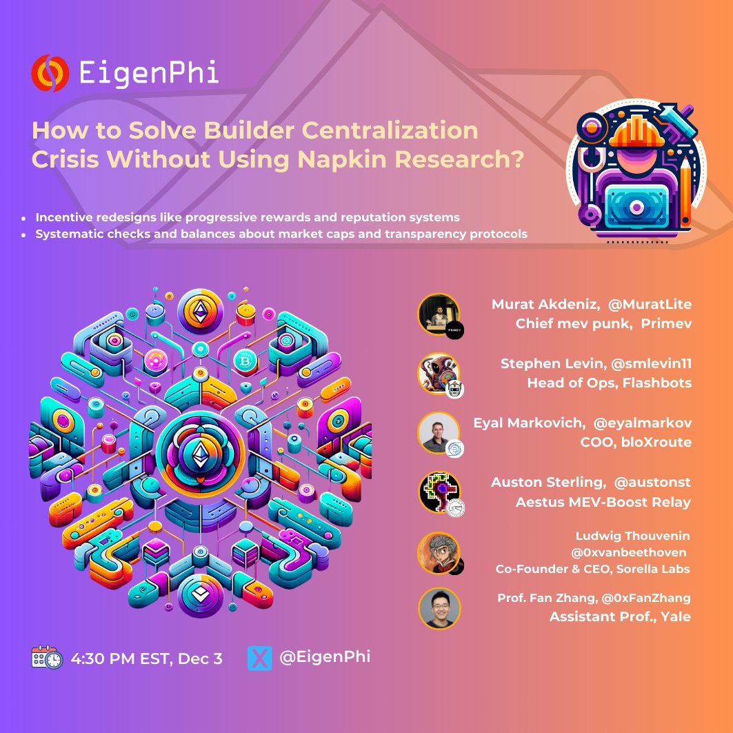 EigenPhi HQ π― Wisdom of DeFi (π, π) π¦π (@eigenphi) on Twitter photo π¨ Ethereum is at a critical crossroads: fix the builder centralization crisis without napkin research, or else.
Join top experts to discuss real solutions:
<a href="/MuratLite/">Murat | lordofcoins.eth</a> (Chief MEV Punk, <a href="/primev_xyz/">Primev | preconf.eth</a>)
<a href="/smlevin11/">Stephen Levin β‘π€</a> (Head of Ops, Flashbots)
<a href="/eyalmarkov/">Eyal ιΏε</a> (COO, <a href="/bloxroute/">bloXroute</a>)
<a href="/austonst/">austonst.eth</a> ( π¨ Ethereum is at a critical crossroads: fix the builder centralization crisis without napkin research, or else.
Join top experts to discuss real solutions:
<a href="/MuratLite/">Murat | lordofcoins.eth</a> (Chief MEV Punk, <a href="/primev_xyz/">Primev | preconf.eth</a>)
<a href="/smlevin11/">Stephen Levin β‘π€</a> (Head of Ops, Flashbots)
<a href="/eyalmarkov/">Eyal ιΏε</a> (COO, <a href="/bloxroute/">bloXroute</a>)
<a href="/austonst/">austonst.eth</a> (