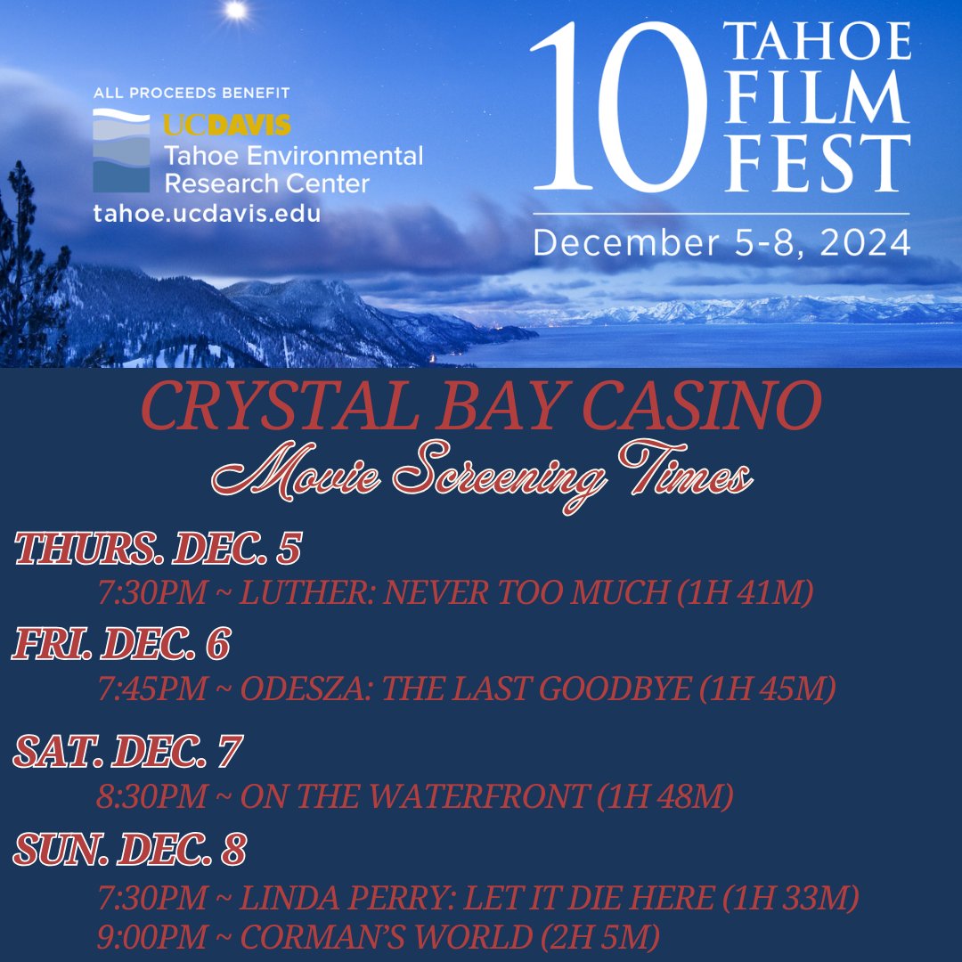 CrystalBayClub's tweet photo. Are you ready for the 10th Annual Tahoe Film Festival?! The Crystal Bay Casino is excited to host a number of screening throughout the festival. Check the schedule and will see you in the Crown Room! 
#featurefilm #moviescreening #northlaketahoe #crystalbay #tahoefilmfest https://t.co/mKyC5qJzee