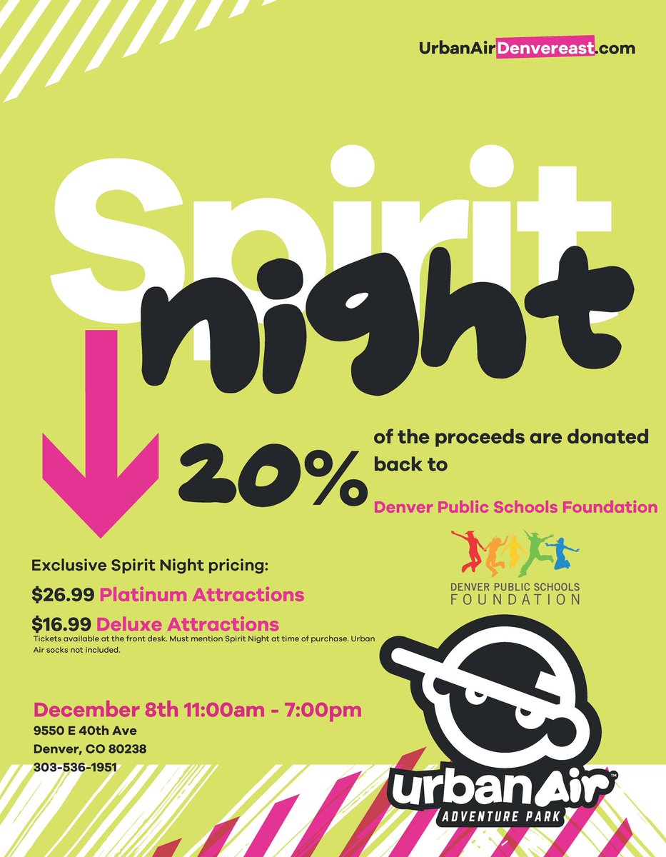 Don't forget! Join us for DPS Spirit Night at Urban Air Adventure Park on Sunday, 12/8! Tickets are available at the front desk on December 8th. Be sure to mention *DPS Spirit Night* at time of purchase! For questions, please reach out via email to events@dpsfoundation.org.