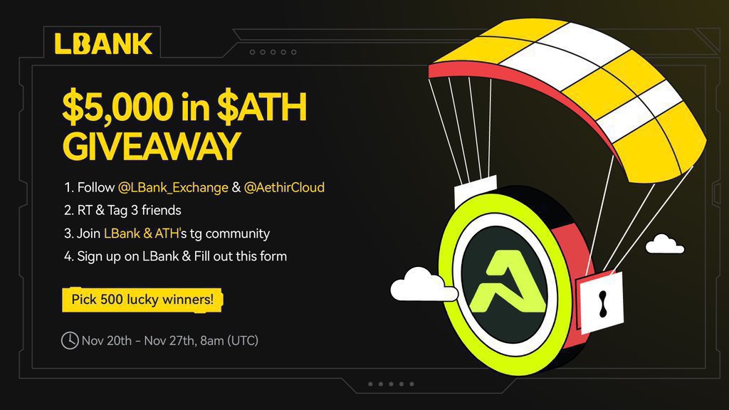 🎊 $ATH Airdrop!

⏰ Nov 20th - Nov 27th, 8am (UTC)

💰 500 lucky winners share $5,000 in $ATH

✅ Follow <a href="/LBankAfrica/">LBank Africa</a> &amp; <a href="/AethirCloud/">Aethir</a> on Twitter
✅ RT &amp; Tag 3 friends
✅ Join: t.me/+qq_6L8T2tqM3M… &amp; t.me/Aethir_Official
✅ Sign up &amp; Fill out: docs.google.com/forms/d/e/1FAI…