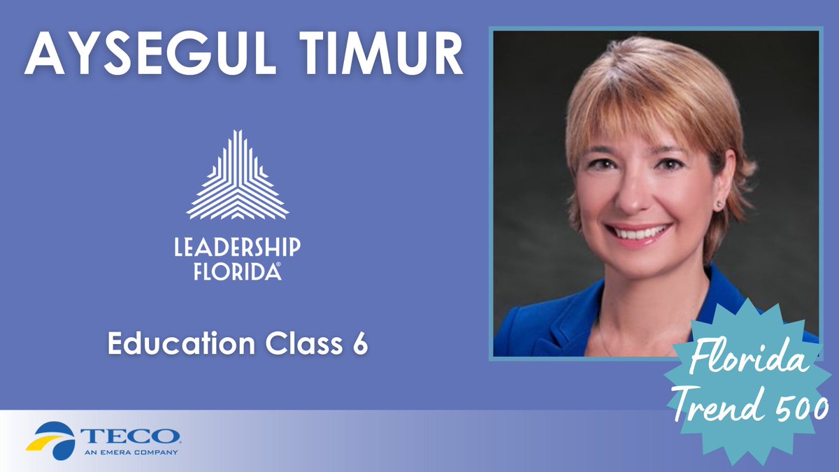 LeadershipFla's tweet image. Congratulations to #LifetimeMember Aysegul Timur (#EducationClass6, #SouthwestRegion) for being selected as one of @FloridaTrend's Top 500 Influentials in Florida in the Education category. Aysegul is the president of @FGCU.

Sponsor: @TampaElectric