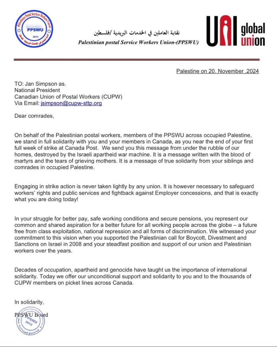 AminahSheikh's tweet photo. A letter from the Palestinian Postal Workers Union (PPSWU) to the 55 000 Canadian Postal Workers (CUPW) on strike. This is what internationalism and solidarity looks like. 🇵🇸❤️ https://t.co/Iy3rbdNlSJ