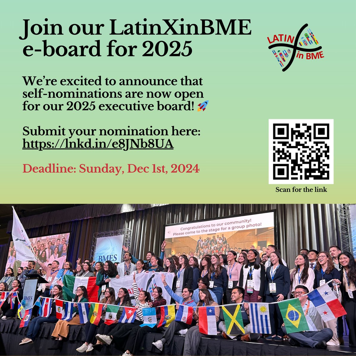 Join our LatinXinBME E-board! Submit your self-nomination to this link: lnkd.in/e8JNb8UA by December 1st! We are excited to meet you and have you on the team!