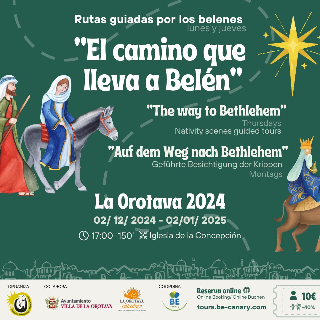 🔔Comienza a andar "El Camino que lleva a Belén" el programa de #rutasguiadas por los #belenes de #LaOrotava durante el mes de diciembre. Ya abiertas las reservas 👉tours.be-canary.com