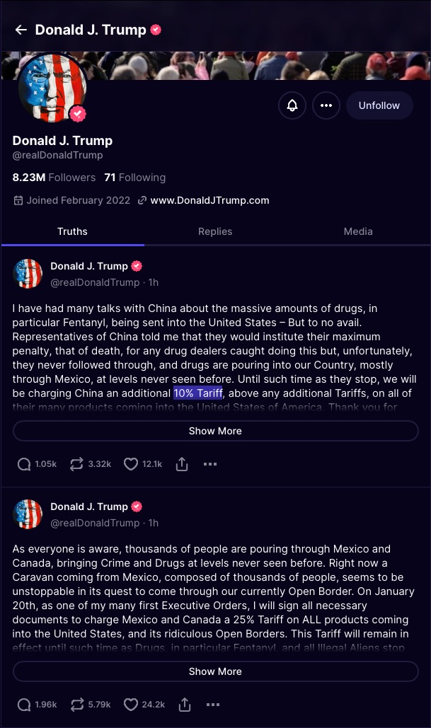 This holiday shopping season is a good time to stockpile anything imported from #China, Mexico/Canada in case #Trump actually manages to #tariff—i.e. #TrumpTax us—all of their imports by 10%🇨🇳&amp; 25%🇲🇽🇨🇦…P.S. It’s also prudent to get checked for any pre-existing health conditions.