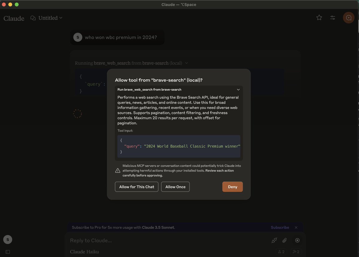 早速、Brave APIを使ってMCP（Model Context  Protocol）を試したけど感動👏😇。これほど簡単に外部データと連携できるのが最高すぎる。先週あったプレミア１２の結果を聞いた時の様子↓。ファイルシステムやSlack、Githubと連携できるMCP サーバーも用意されていて、今後の ...
