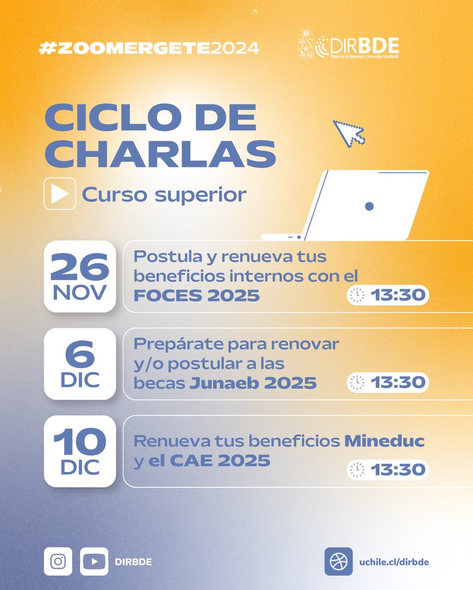 U. de Chile inicia Ciclo Zoomergete 2024 con charlas online sobre postulación y renovación de beneficios 2025. La primera charla es hoy sobre el FOCES 2025. Inscríbete y revisa más info de las siguientes fechas en: uchile.cl/u222896