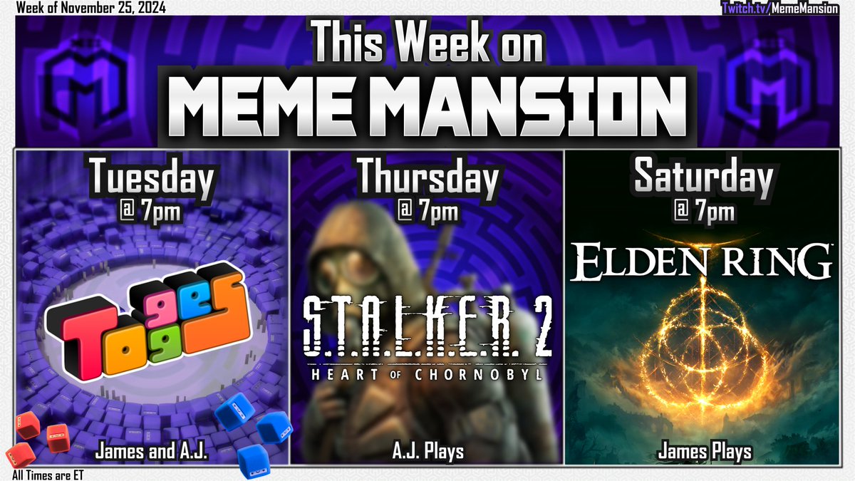 MemeMansion's tweet photo. This Week on MEME MANSION
Tues - #Togges 
Thur - #Stalker2HeartOfChornobyl 
Sat   - #EldinRing https://t.co/3RtqXUdSgx