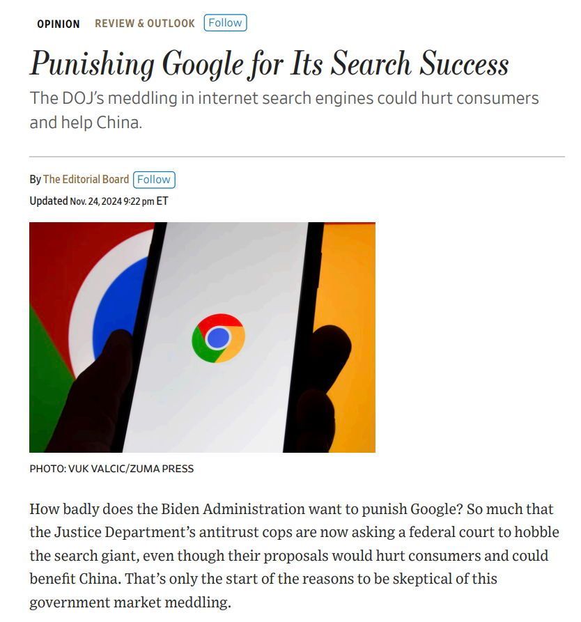 NetChoice's tweet photo. "Antitrust policy was designed to police genuine market abuses, not punish companies for success." 👏 @WSJOpinion https://t.co/dUDjrWxDzP