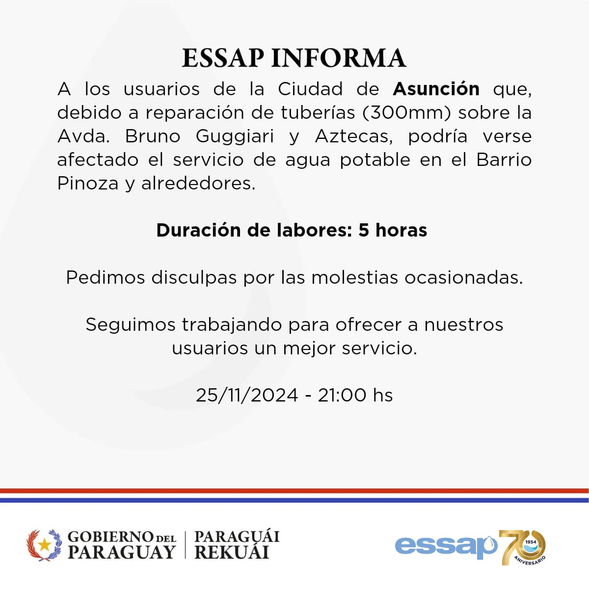 EssapSA's tweet photo. ⚠️ Atención Asunción. https://t.co/XZeZ6ZbQOA