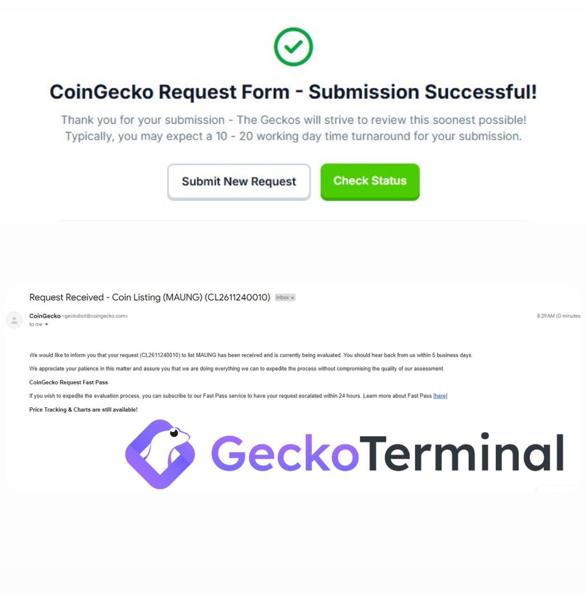 maungbase's tweet photo. COINGECKO🦎
Request Received - Coin Listing (MAUNG) (CL2611240010) https://t.co/Pum5aobcxh