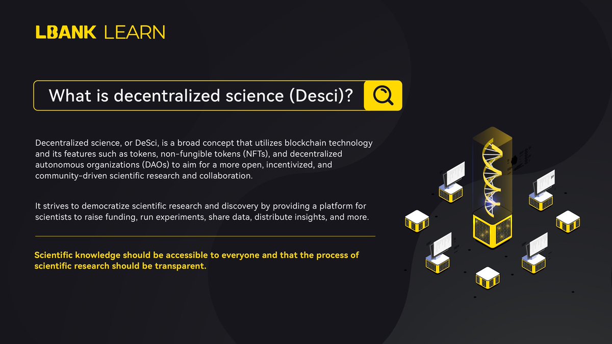 LBankLearn's tweet photo. What is Decentralized Science (DeSci)? 🔥
Revolutionizing research with blockchain, NFTs, and DAOs! 🌐
Which #DeSci tokens are your favorite?🤔
#DeSci #Innovation #LBankLearn https://t.co/5gMkGZcyg9