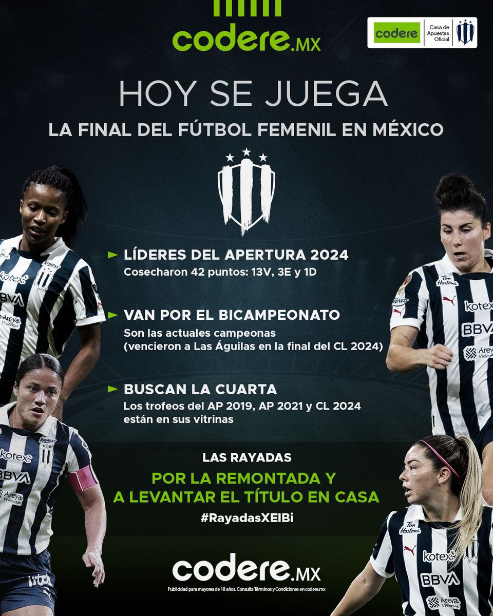 InvictosSomos's tweet photo. ➤ Líderes de la fase regular.
➤ Posibilidad de ser BICAMPEONAS.
➤ Van por La Cuarta de su historia.
Hoy se juega la FINAL DECISIVA del fútbol femenil en México.
HOY LAS RAYADAS BUSCAN LA REMONTADA. #RayadasXElBi #CodereConRayadas