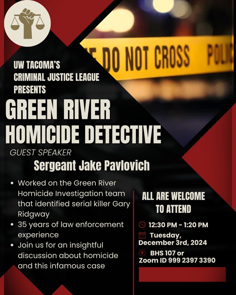 The Criminal Justice League is hosting homicide detective Sgt. Jake Pavlovich, part of the team that identified the Green River serial killer, as a guest speaker. All students are welcome to attend this event.