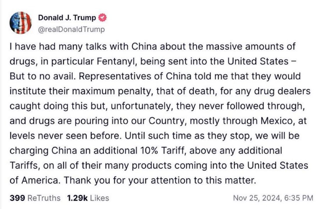 AdameMedia's tweet image. 🚨BREAKING: Trump will sign an immediate executive order on January 20th to charge China an additional 10% tariff on all of their products entering the United States.