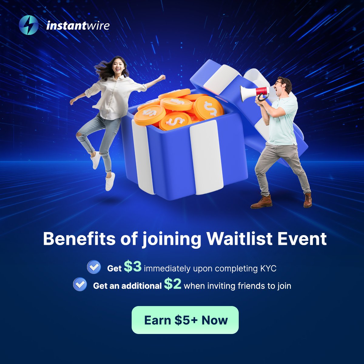 🚀 BENEFITS OF JOINING THE EARLY REGISTRATION EVENT! 🎉  

🎁 Join at: instantwire.com  

💰 Attractive Gift:       
 •        Get $3 instantly upon completing the KYC process!     
•        Earn $2 for each friend you successfully invite to join! 
 #Instantwire