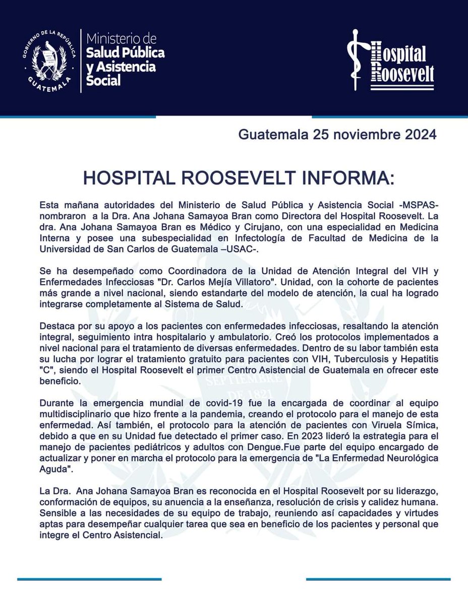 HoraNoticiero's tweet photo. NOMBRAN A DIRECTORA DEL HOSPITAL ROOSEVELT INVOLUCRADA EN SEÑALAMIENTOS DE CORRUPCIÓN 

Personal médico y trabajadores de salud rechazan el reciente nombramiento de la Dra. Ana Johana Samayoa Bran como Directora del Hospital Roosevelt. https://t.co/hIQaRCibMO