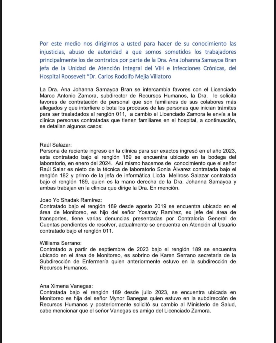 HoraNoticiero's tweet photo. NOMBRAN A DIRECTORA DEL HOSPITAL ROOSEVELT INVOLUCRADA EN SEÑALAMIENTOS DE CORRUPCIÓN 

Personal médico y trabajadores de salud rechazan el reciente nombramiento de la Dra. Ana Johana Samayoa Bran como Directora del Hospital Roosevelt. https://t.co/hIQaRCibMO