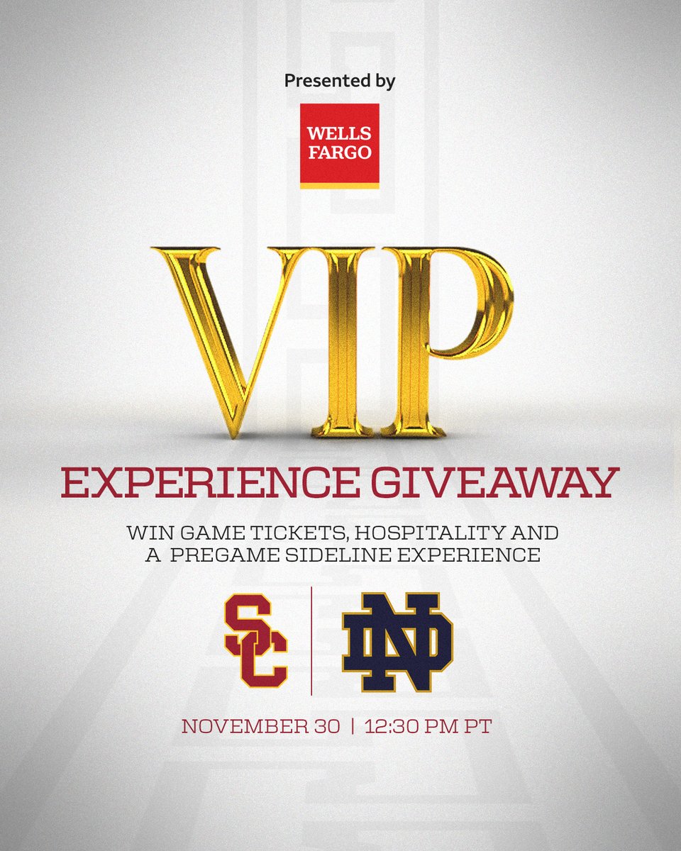 USC Trojans (@usc_athletics) on Twitter photo We're giving one lucky fan a VIP experience at this Saturday's <a href="/uscfb/">USC Football ✌️</a> game, presented by <a href="/WellsFargo/">Wells Fargo</a>!
Repost to enter for your chance to win ⤵️ We're giving one lucky fan a VIP experience at this Saturday's <a href="/uscfb/">USC Football ✌️</a> game, presented by <a href="/WellsFargo/">Wells Fargo</a>!
Repost to enter for your chance to win ⤵️
