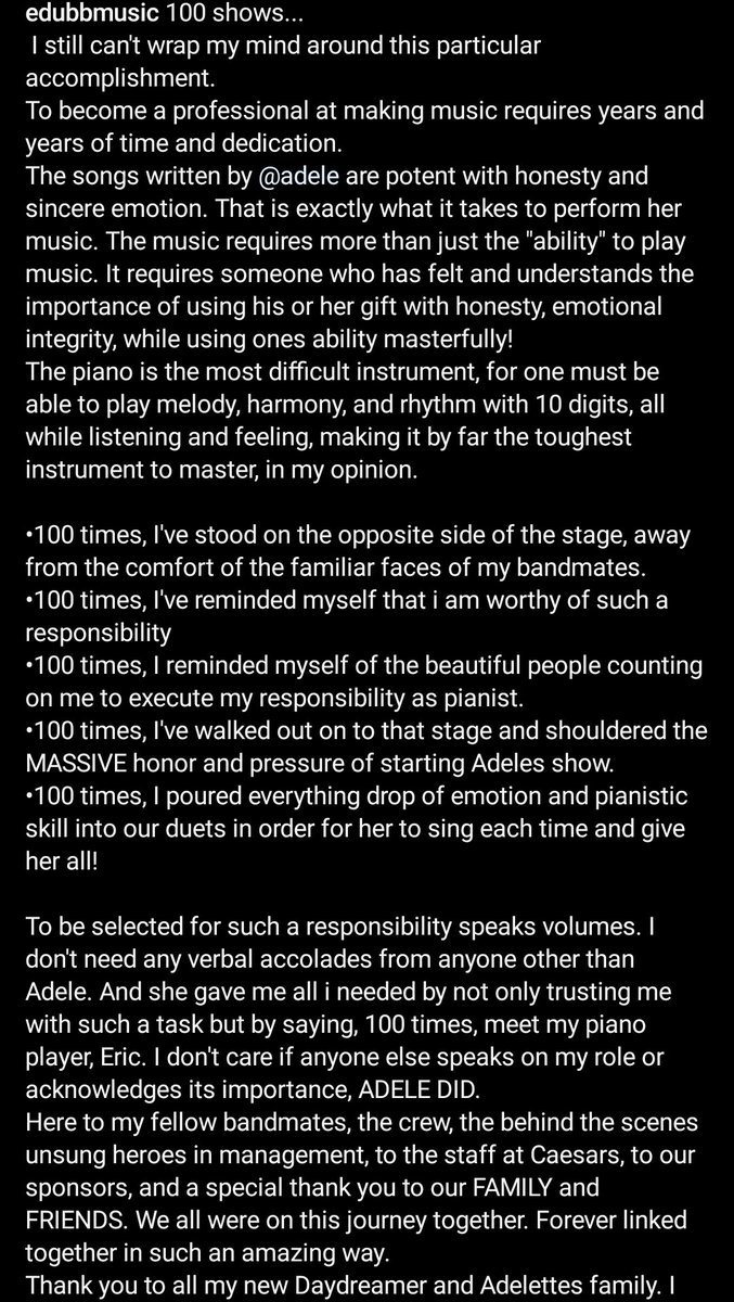 Adelettes2's tweet photo. 🎹 Pianist Eric Wortham pens a heartfelt post about his accomplishment working with Adele ❤
"The songs written by @Adele are potent with honesty and sincere emotion. That is exactly what it takes to perform her music." https://t.co/NtyMuFxXib