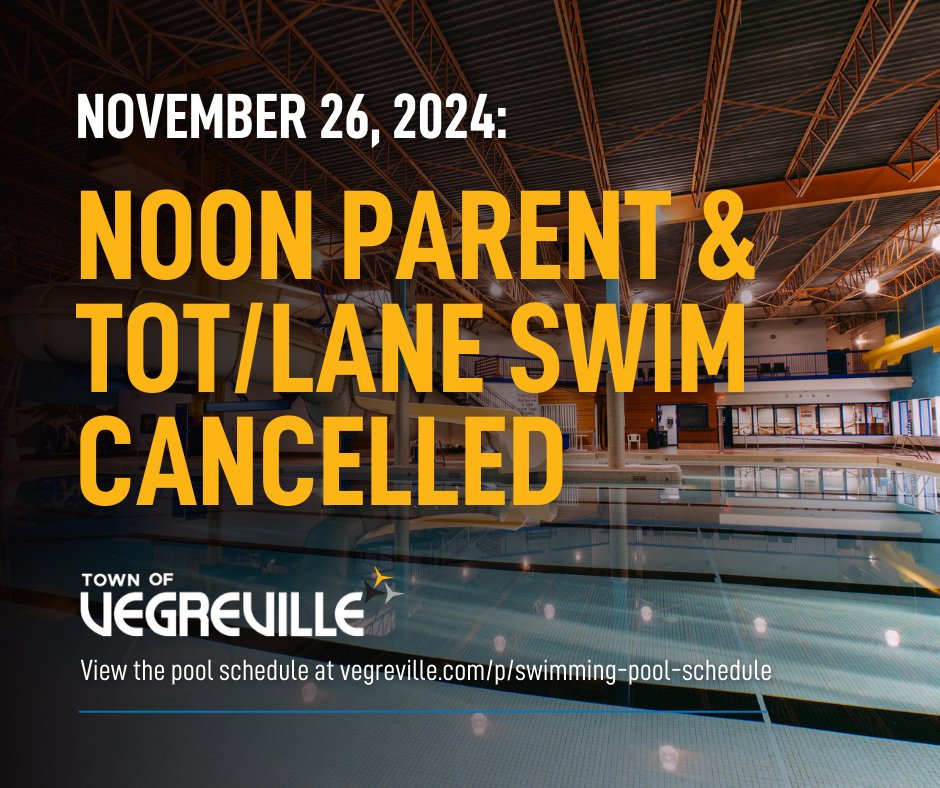 🌊𝐒𝐰𝐢𝐦𝐦𝐢𝐧𝐠 𝐏𝐨𝐨𝐥 𝐒𝐜𝐡𝐞𝐝𝐮𝐥𝐞 𝐂𝐡𝐚𝐧𝐠𝐞

Please note, due to school swim lessons, there will be no Noon Parent &amp; Tot/Lane Swim on November 26, 2024.

View the swimming pool schedule: loom.ly/ZaeJpjo

 #Vegreville | #RoomToGrow