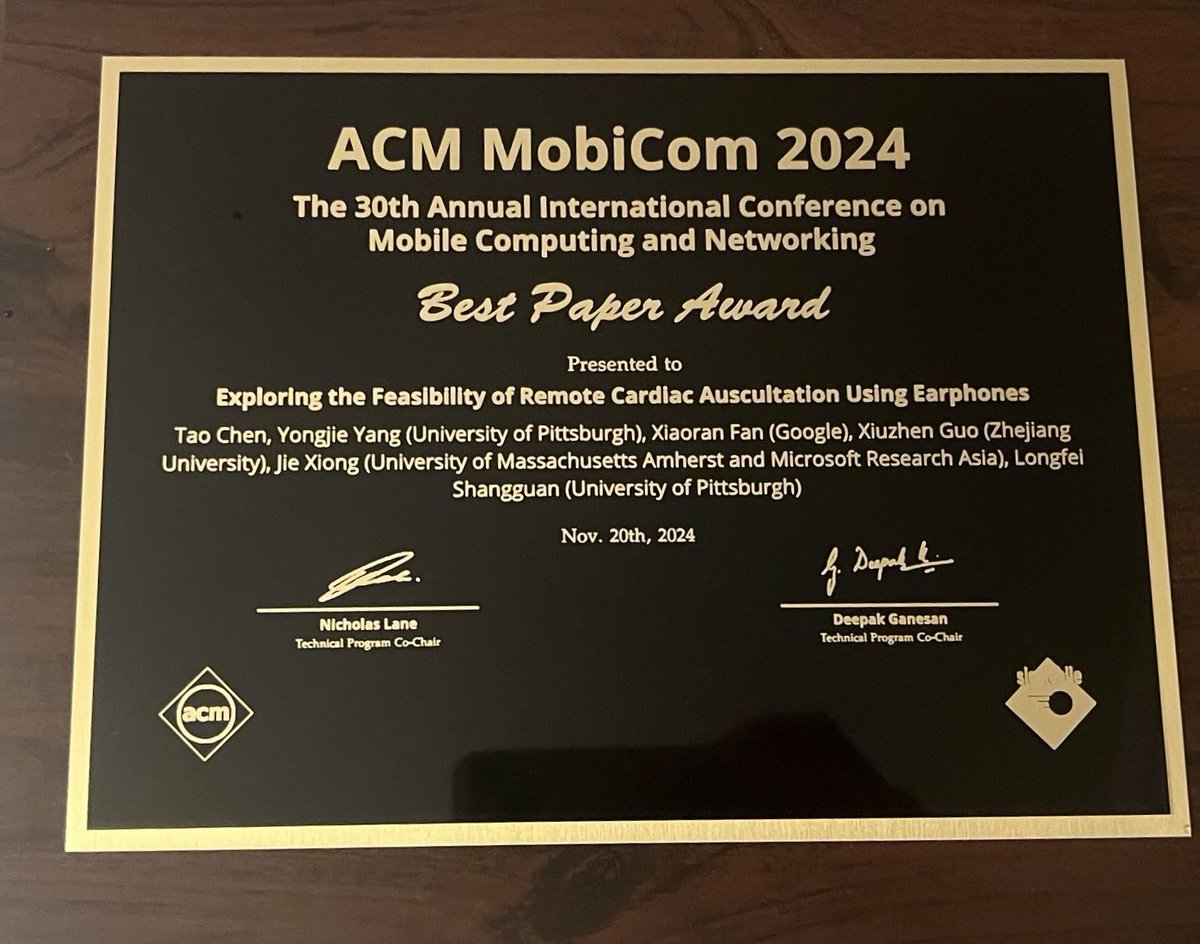 taochen_cs's tweet photo. Our paper "Exploring the Feasibility of Remote Cardiac Auscultation Using Earphones” won Best Paper Award at #ACM #MobiCom 2024! I presented this work at both the MobiCom main conference and the MobiCom4AgeTech workshop and live demoed it to the audiences last week in DC! https://t.co/nbVEulYYkg