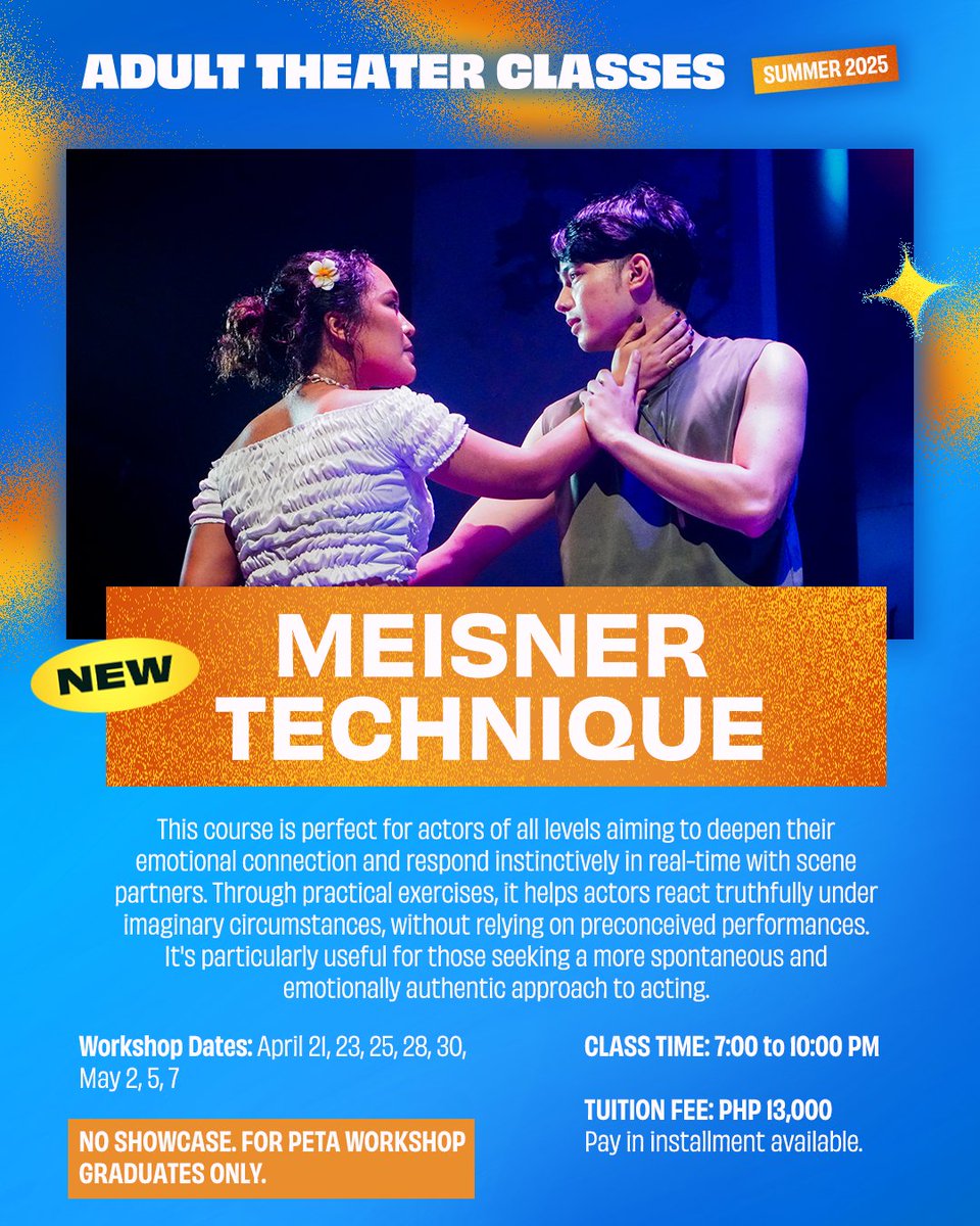petatheater's tweet photo. 🌺 NEW WORKSHOP OFFERINGS FOR ADULTS 🌺

Step up your acting and performing game with our new workshop classes for adults, Meisner Technique Workshop and CMT Production Workshop!

🥥 Enroll today via https://t.co/b7NZEHNY3q

#PETATheater #PETAWorkshops https://t.co/dRpHHnCBxJ
