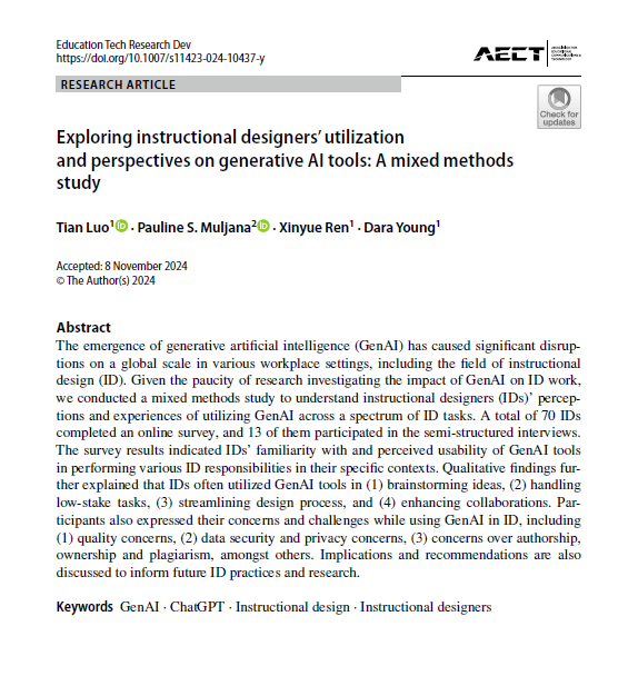 PaulineMuljana's tweet photo. New OPEN ACCESS pub!Luo, T., Muljana, P. S., Ren., X., &amp; Young, D. (2024). Exploring instructional designers' utilization and perspectives on generative AI tools: A mixed-methods study. Educational Technology Research and Development. https://t.co/yymBK80cUy #instructionaldesign https://t.co/qj4V1eWCGx