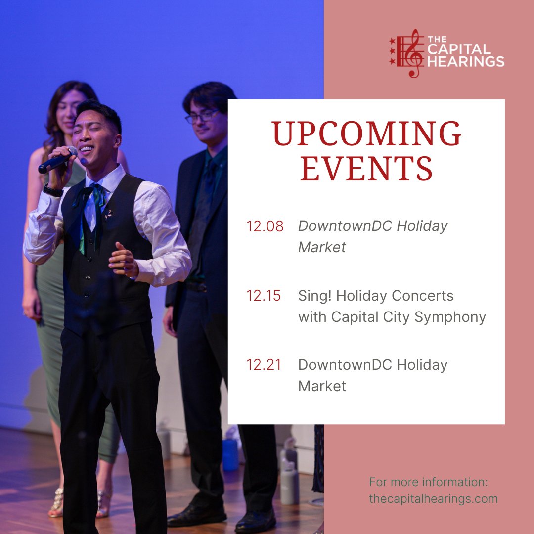 🎄✨ Celebrate the season with The Capital Hearings!
📅 12/8 &amp; 12/21: DowntownDC Holiday Market 🎁
📅 12/15: Sing! Holiday Concert with Capital City Symphony 🎶
Let’s make your holidays harmonious! Details: tinyurl.com/5n75rs79 #CapitalHearings #HolidayMusic #DCHolidays