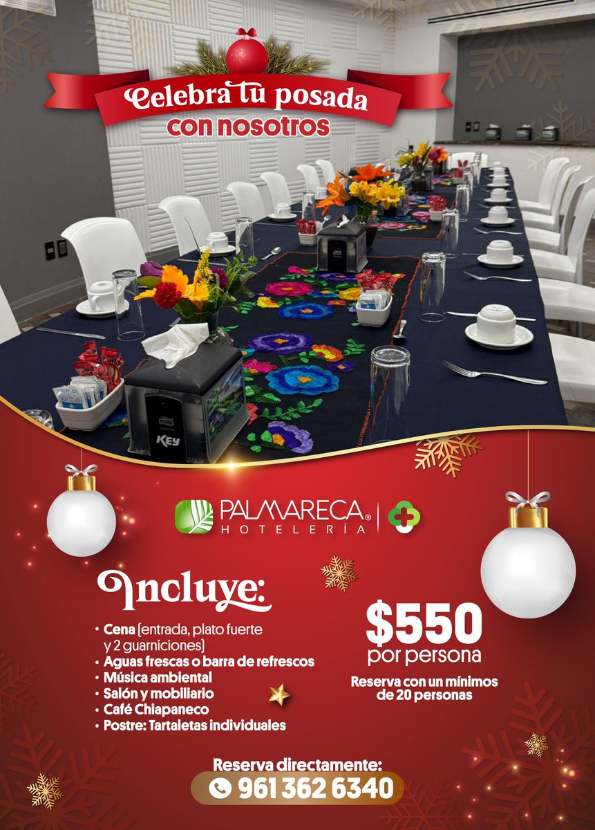 Planea tu posada navideña en Palmareca Eventos y déjate consentir por nuestro sabor único de La Calabaza Restaurante a través de una atención personalizada, se encargará de organizar tu evento de manera excepcional.

link  whatsapp 

📲 wa.me/message/X5JDCE… 

 📱961 362 6340