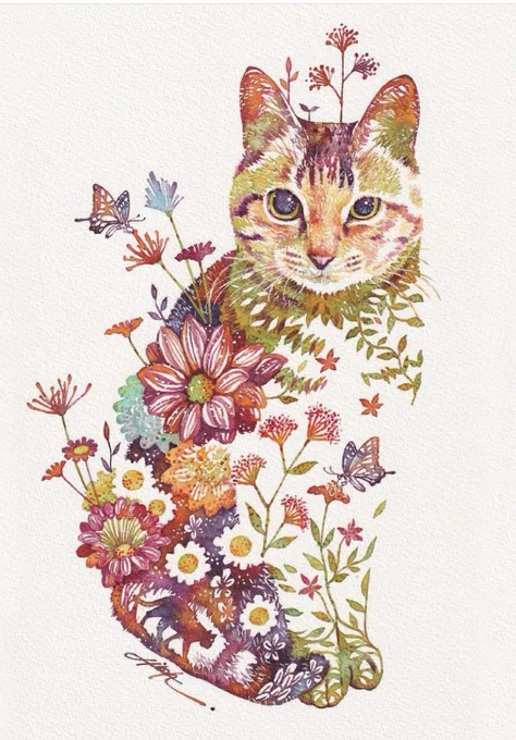 お疲れ様です#cat #水彩画 #flower 