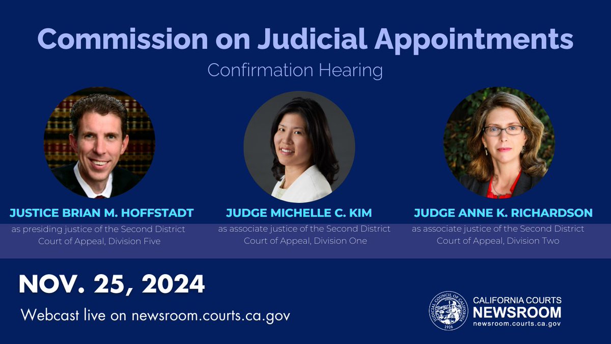 CalCourts's tweet photo. Chief Justice Patricia Guerrero, chair of the Commission on Judicial Appointments, announced that the commission today confirmed three appointments to California's Courts of Appeal in Los Angeles. https://t.co/MSh1nMyV66 https://t.co/VpUttYpkr4