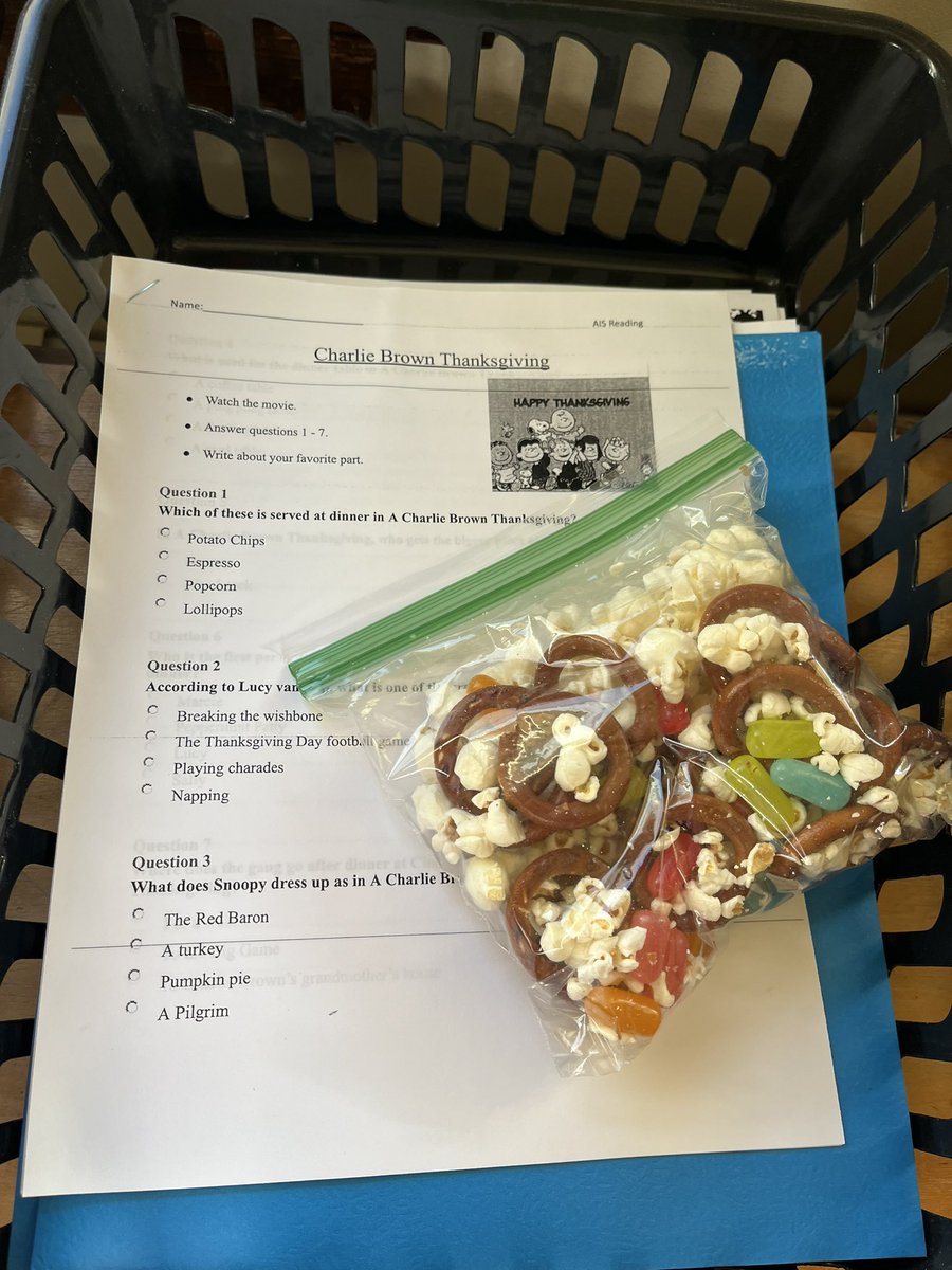 JenChap74's tweet photo. I sure am thankful for these great kids! 

Today we enjoyed the classic book “Charlie Brown’s Thanksgiving” and had bags of Snoopy’s ‘dinner’ creation (pretzels, jellybeans, &amp; popcorn) while answering questions about the text. 🥨🍿

Happy Thanksgiving everyone! 🦃 https://t.co/c2hM5Ju3dS