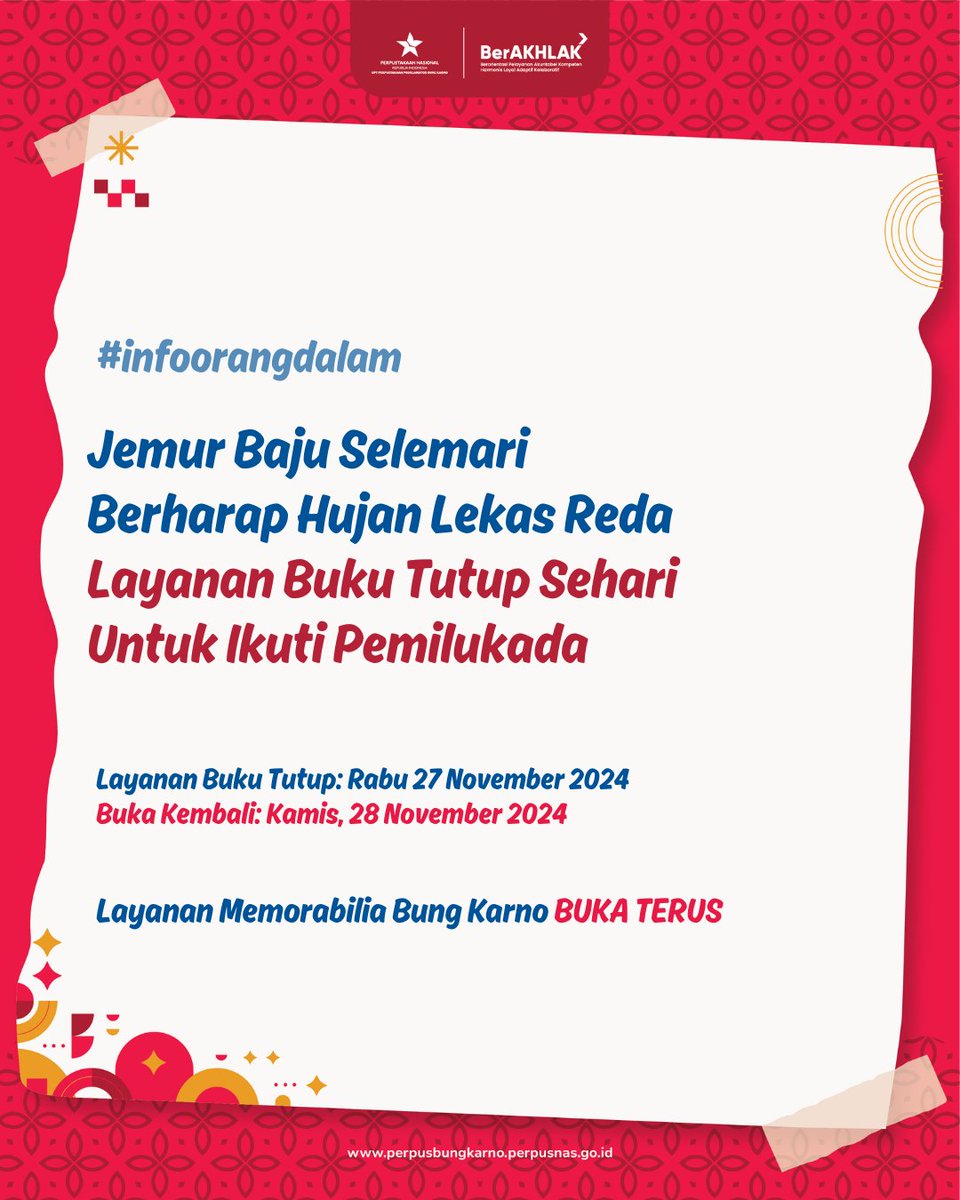 bungkarnolib's tweet image. Besok jangan lupa nyoblos ya, Sob!☺️🫶🏻
#infoperpus #pemilu2024 #Pilkada2024 #PilkadaSerentak2024 #perpusbungkarno