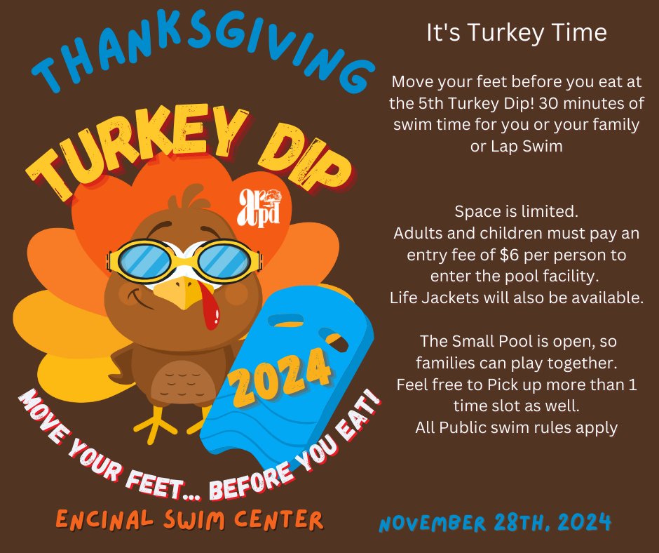 ARPDAquatics's tweet photo. Make this Thanksgiving unforgettable by starting it in the pool. Burn off some turkey calories in advance, create fun memories, and head into your feast feeling refreshed and energized! 🥧   To Register - https://t.co/eACN9EYW85 #ThanksgivingTurkeyDip #MoveYourFeetBeforeYouEat #MorningSplash #FamilyFun #LapSwim #HolidayTradition