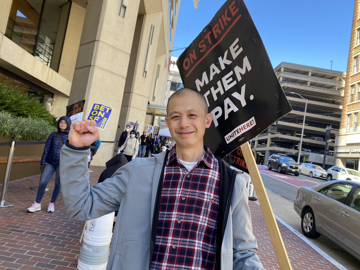 UniteHereL2's tweet photo. “I’m on strike because I want to keep my health insurance. I have a medical condition where I need tests that would cost thousands of dollars without insurance.” - Warren, busser, Grand Hyatt https://t.co/0sGlNy7dMw
