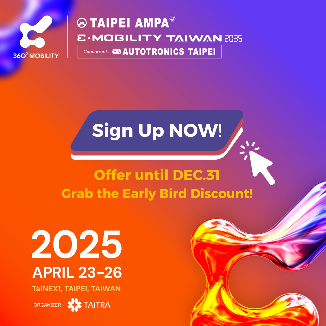 Booth Sign-Up Open!

🌍🚗#360MobilityMegaShows debuts in Taipei, April 23–26, 2025! Join us to "Drive Smart, Drive Sustainability." Secure your booth today: https://t.co/9bqUDXcHi3